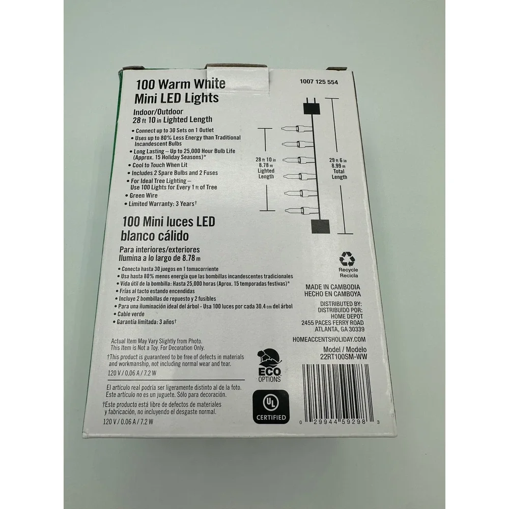 Home Accents Holiday 100 Mini LED Lights Warm White Green Wire Excellent 29ft